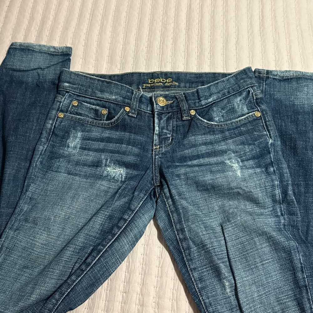 bebe Medium Blue Skinny Jeans with Faded Distressing